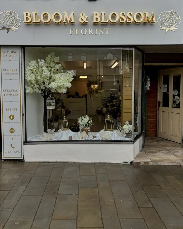 Bloom & Blossom shop front with gold lettering on Poulton Street, Kirkham